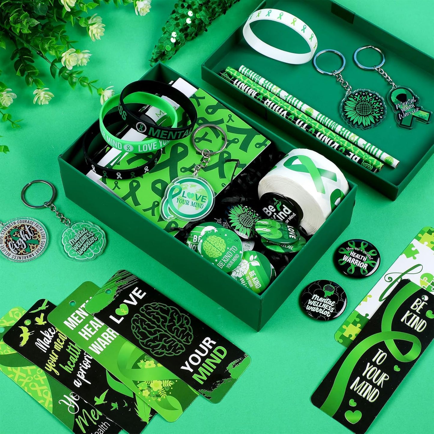 145 Pieces Mental Health Awareness Items Include Green Ribbon Silicone Bracelets Pin Notebook Bookmarks with Ribbon Keychain Pencils Stickers for Women Men Mental Health Awareness Prevention