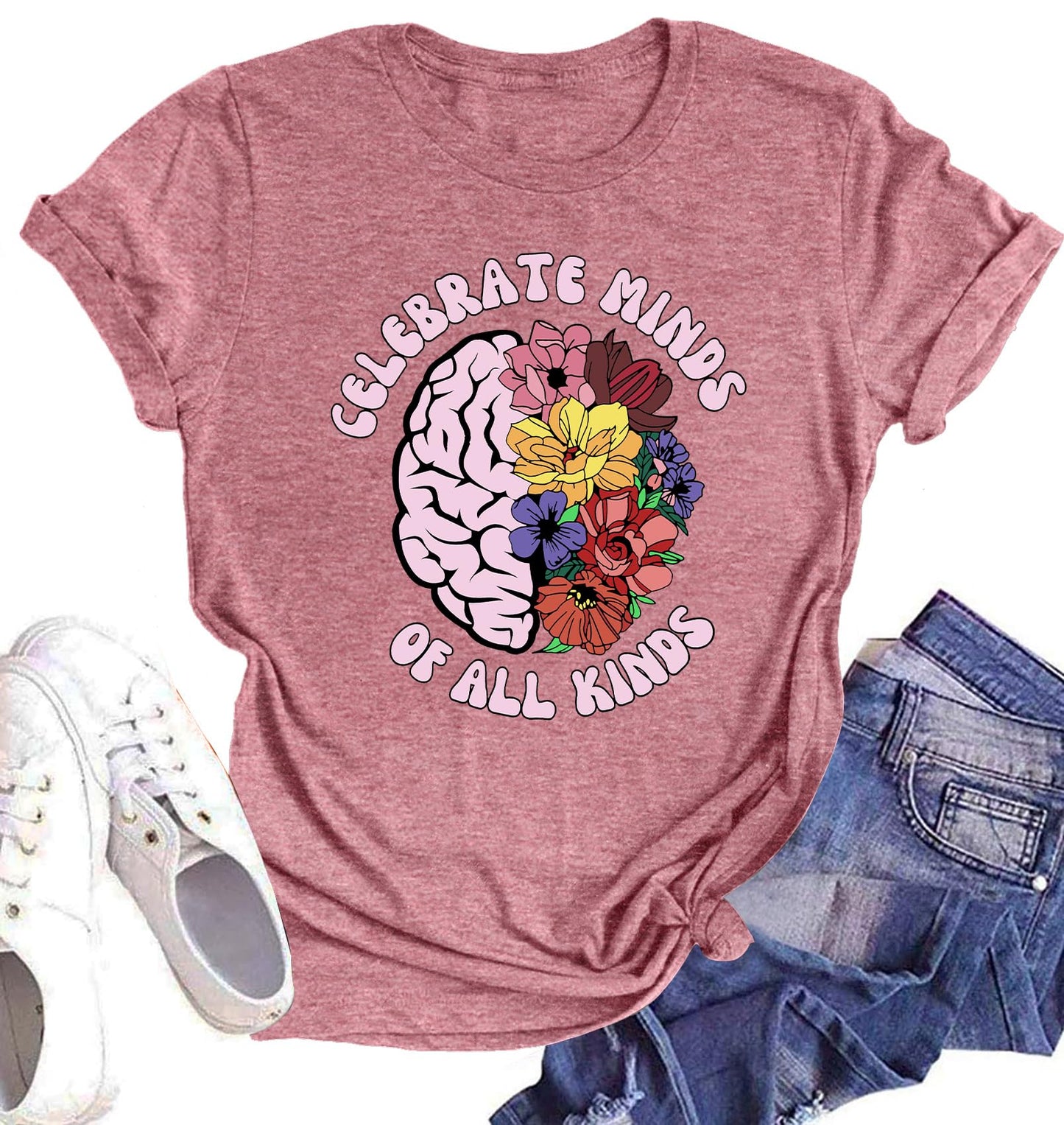 Celebrate Minds of All Kinds Shirts for Women Mental Health Matters Shirt Human Brain Awareness Shirt Tee Tops