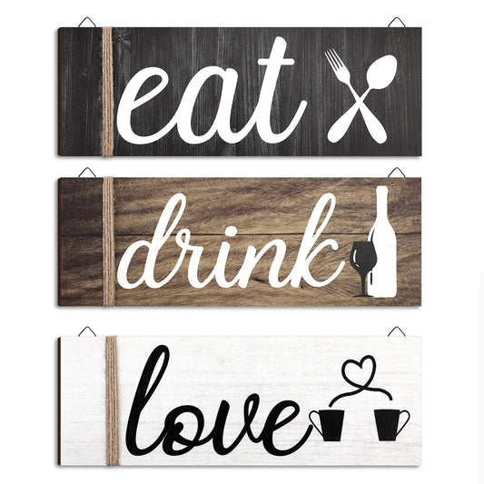 Jetec 3 Pcs Farmhouse Kitchen Wall Decor Rustic Wooden Home Eat Drink Love Sign with Hanging Hole for Home Dining Living Room Bar Cafe Decor(Vivid Color)