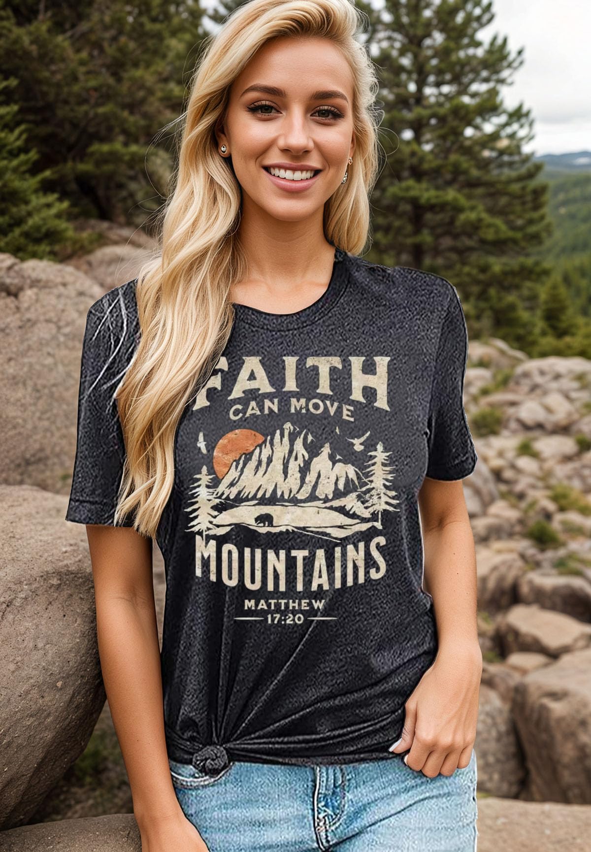 Sun and Mountain Shirt for Women Camping Hiking Shirt Sunrise Pine Tree Graphic Tees Nature Casual Short Sleeve Shirt