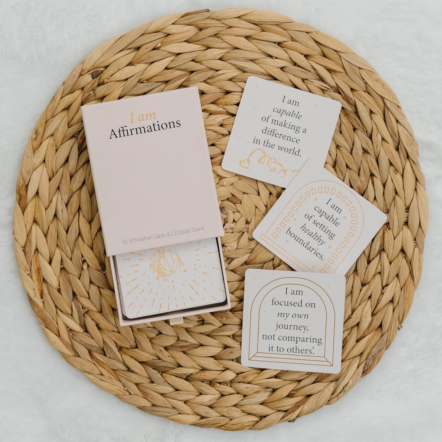 I Am Positive Affirmation Cards | 52 Decor Cards with Wooden Stand | Inspirational Cards with Soothing Colors to Display on Vision Boards | Giftable Affirmations