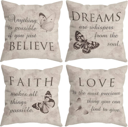 Farmhouse Rustic Butterfly Believe Dreams Faith Love Throw Pillow Covers, Inspirational Butterfly Gifts for Women, Motivational Quotes Pillow Cases 18 x 18 Inch Home Room Bed Sofa Decor Set of 4 1