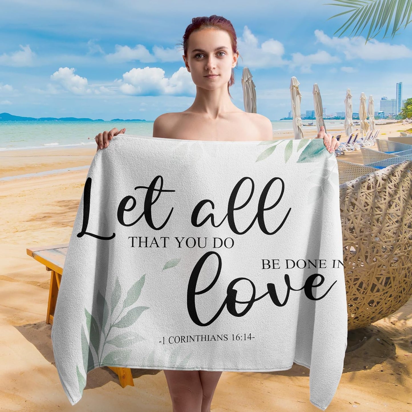 Couple Christian Let All That You Do Be Done in Love Beach Towel Set of 2, Honeymoon Wedding Beach Towels Valentines Day Gifts for Bride Groom, Rustic Beach Towels Decor for Bathroom 30x60in