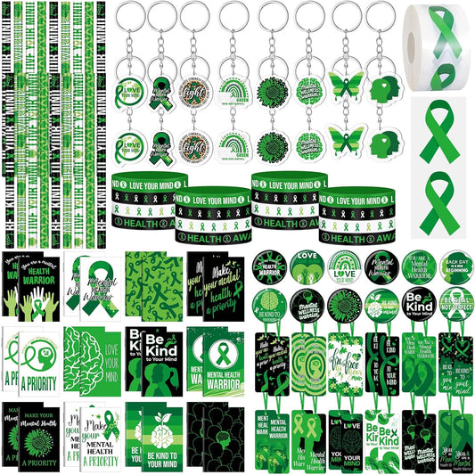 145 Pieces Mental Health Awareness Items Include Green Ribbon Silicone Bracelets Pin Notebook Bookmarks with Ribbon Keychain Pencils Stickers for Women Men Mental Health Awareness Prevention
