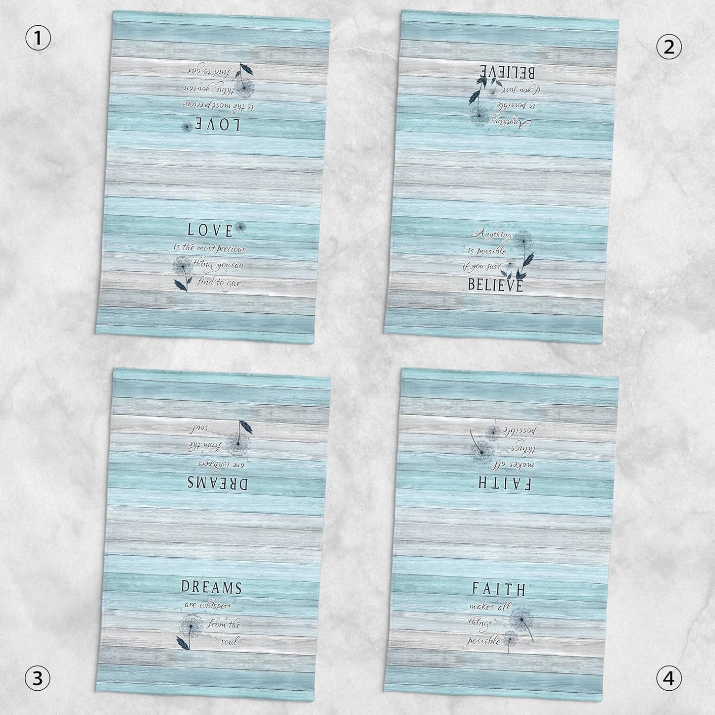 Inspirational Dandelion Kitchen Towels Set of 4, Motivational Quotes Dish Tea Towels, Rustic Believe Dreams Faith Love Decorative Hand Towels for Bathroom Kitchen, 16x24 Inches