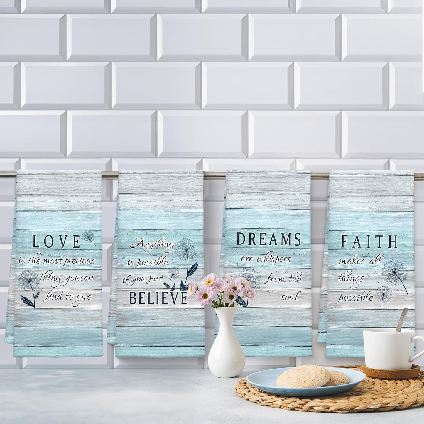 Inspirational Dandelion Kitchen Towels Set of 4, Motivational Quotes Dish Tea Towels, Rustic Believe Dreams Faith Love Decorative Hand Towels for Bathroom Kitchen, 16x24 Inches