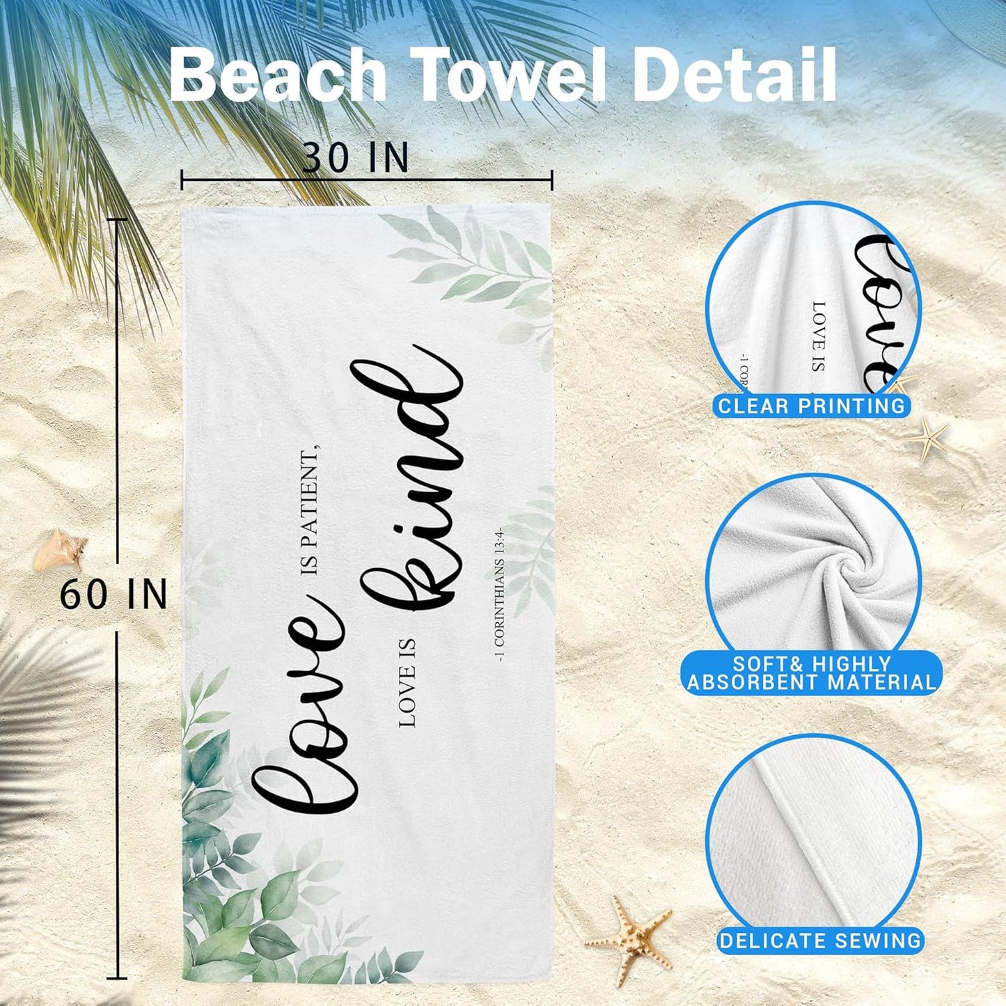 Couple Christian Let All That You Do Be Done in Love Beach Towel Set of 2, Honeymoon Wedding Beach Towels Valentines Day Gifts for Bride Groom, Rustic Beach Towels Decor for Bathroom 30x60in