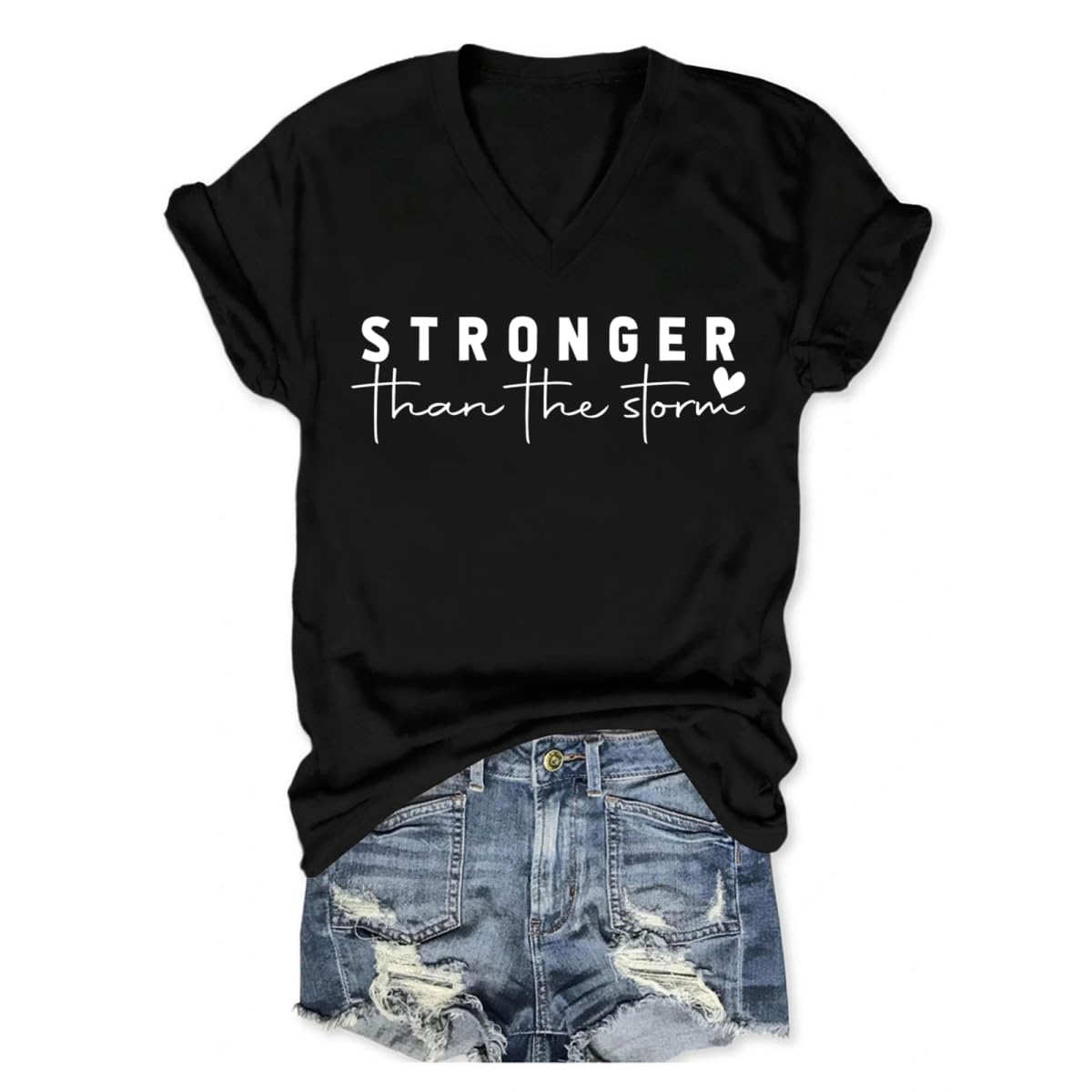 Stronger Than The Storm Tshirt Women Christian V Neck T Shirts Religious Faith Graphic Tees Inspirational T-Shirts