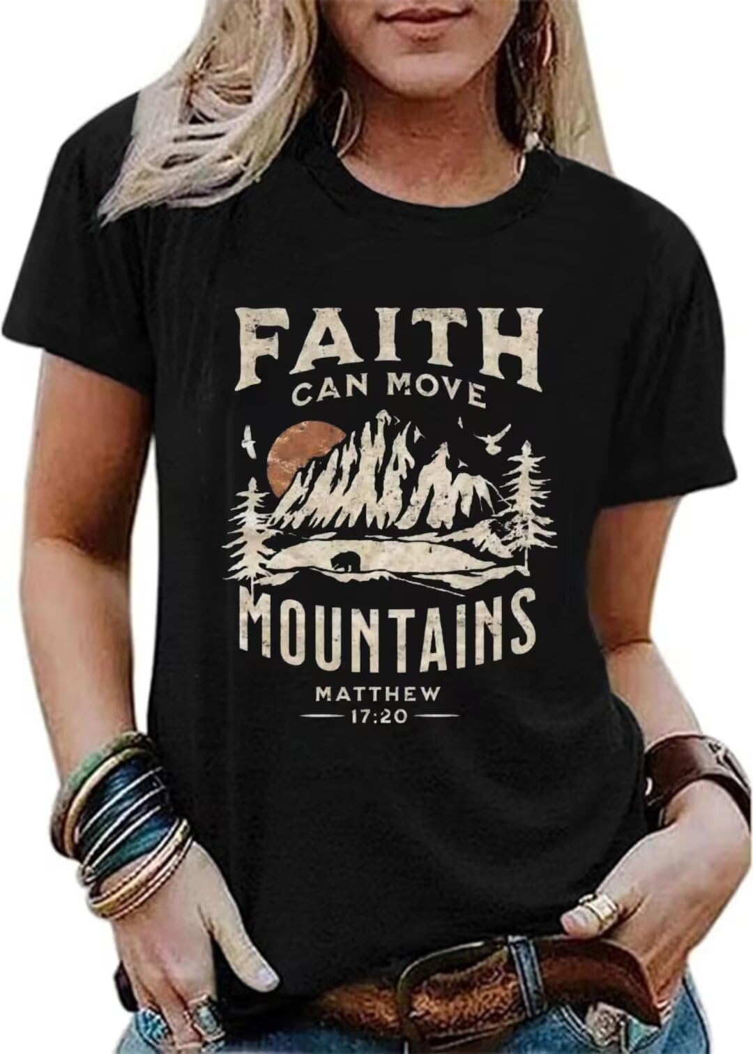 Sun and Mountain Shirt for Women Camping Hiking Shirt Sunrise Pine Tree Graphic Tees Nature Casual Short Sleeve Shirt
