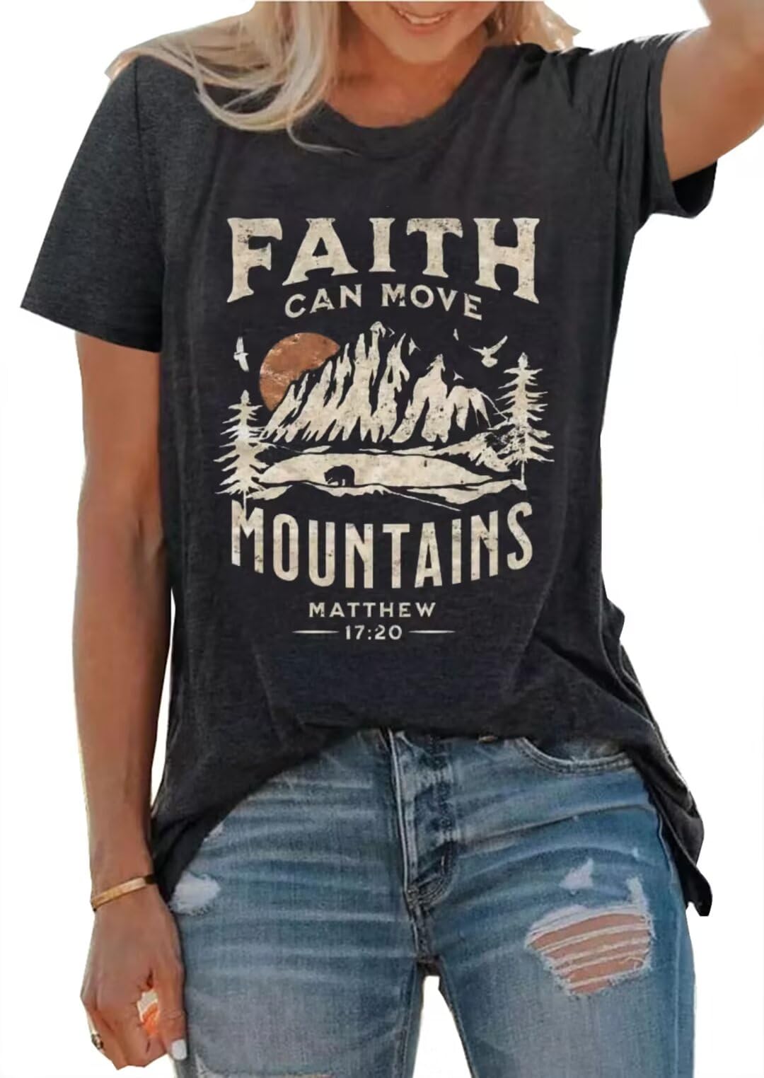 Sun and Mountain Shirt for Women Camping Hiking Shirt Sunrise Pine Tree Graphic Tees Nature Casual Short Sleeve Shirt