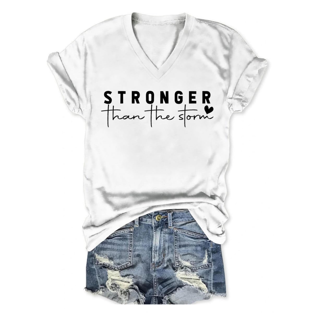 Stronger Than The Storm Tshirt Women Christian V Neck T Shirts Religious Faith Graphic Tees Inspirational T-Shirts
