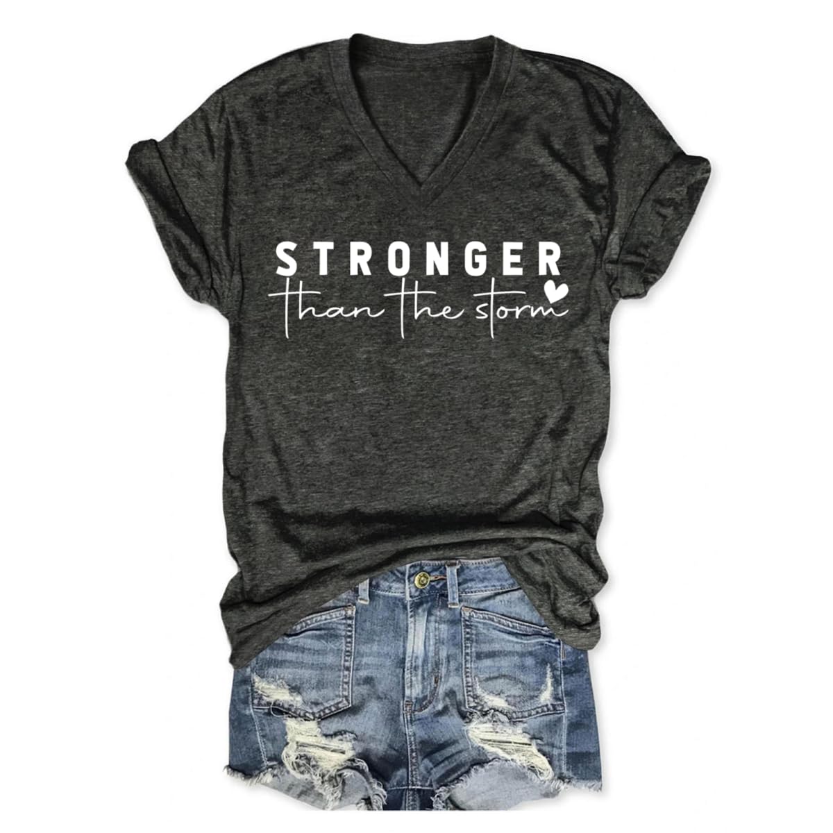 Stronger Than The Storm Tshirt Women Christian V Neck T Shirts Religious Faith Graphic Tees Inspirational T-Shirts