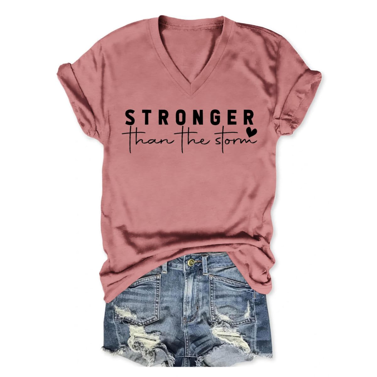 Stronger Than The Storm Tshirt Women Christian V Neck T Shirts Religious Faith Graphic Tees Inspirational T-Shirts