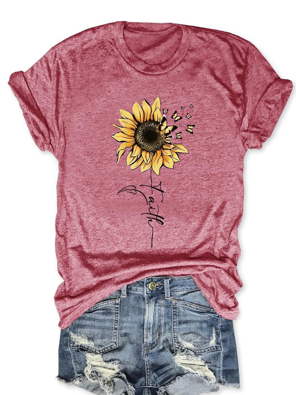 Sunflower Shirts for Women Faith Graphic Tees Short Sleeve Loose Fit Butterfly Teen Girls T Shirt Summer Tops