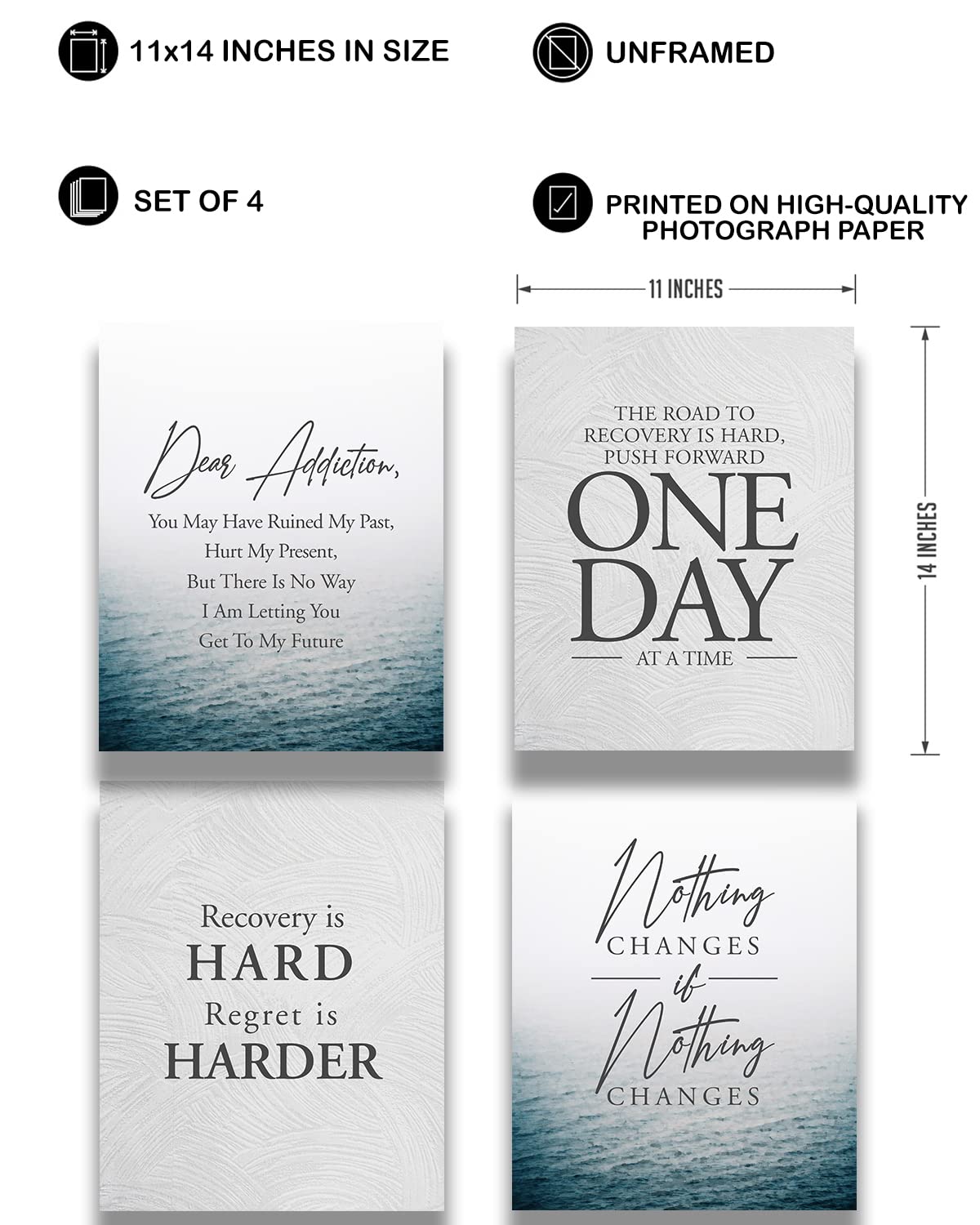 Addiction Recovery Wall Decor - Set of 4 (8x10) unframed print - Sobriety Inspirational Wall Art Designs - Sober Encouragement Room Decor - Gifts for women and men