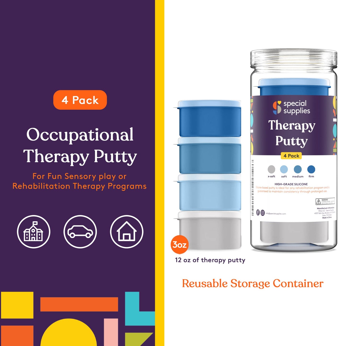 Special Supplies Therapy Putty for Teens and Adults - Resistive Hand Exercise Stress Relief Therapy Putty Kit, Set of 4 Strengths, Three Ounces of Each Putty (Primary Colors)