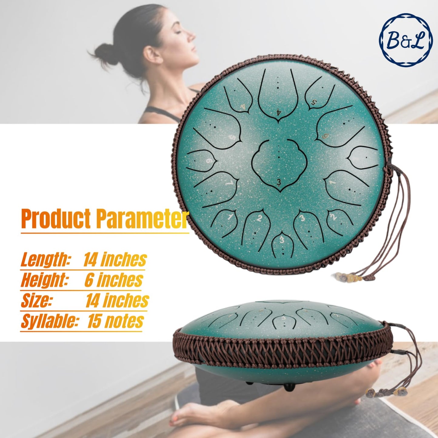 Steel Tongue Drum 14 Inches 15 Notes Hand Pan Drum Rain Drum Percussion for Meditation Yoga Musical Education for Adult& Kids(Lotus Green)