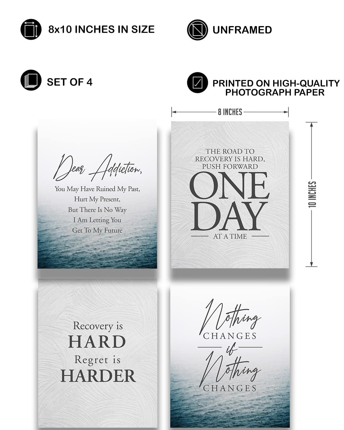 Addiction Recovery Wall Decor - Set of 4 (8x10) unframed print - Sobriety Inspirational Wall Art Designs - Sober Encouragement Room Decor - Gifts for women and men