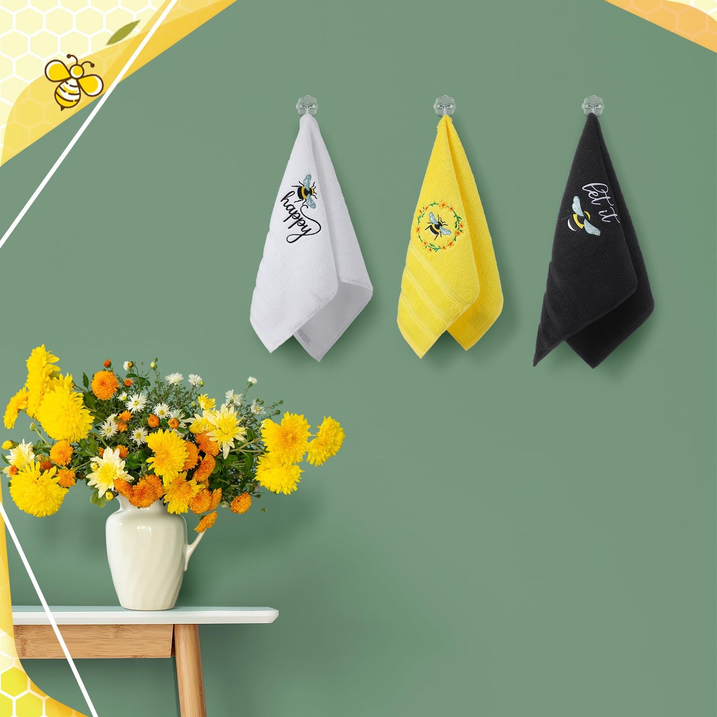 Bee Hand Towels Farmhouse Summer Yellow Bathroom Decor 14x29 Inch Embroidered Cute Bee Towels Cute Cotton Soft Absorbent for Bathroom Kitchen