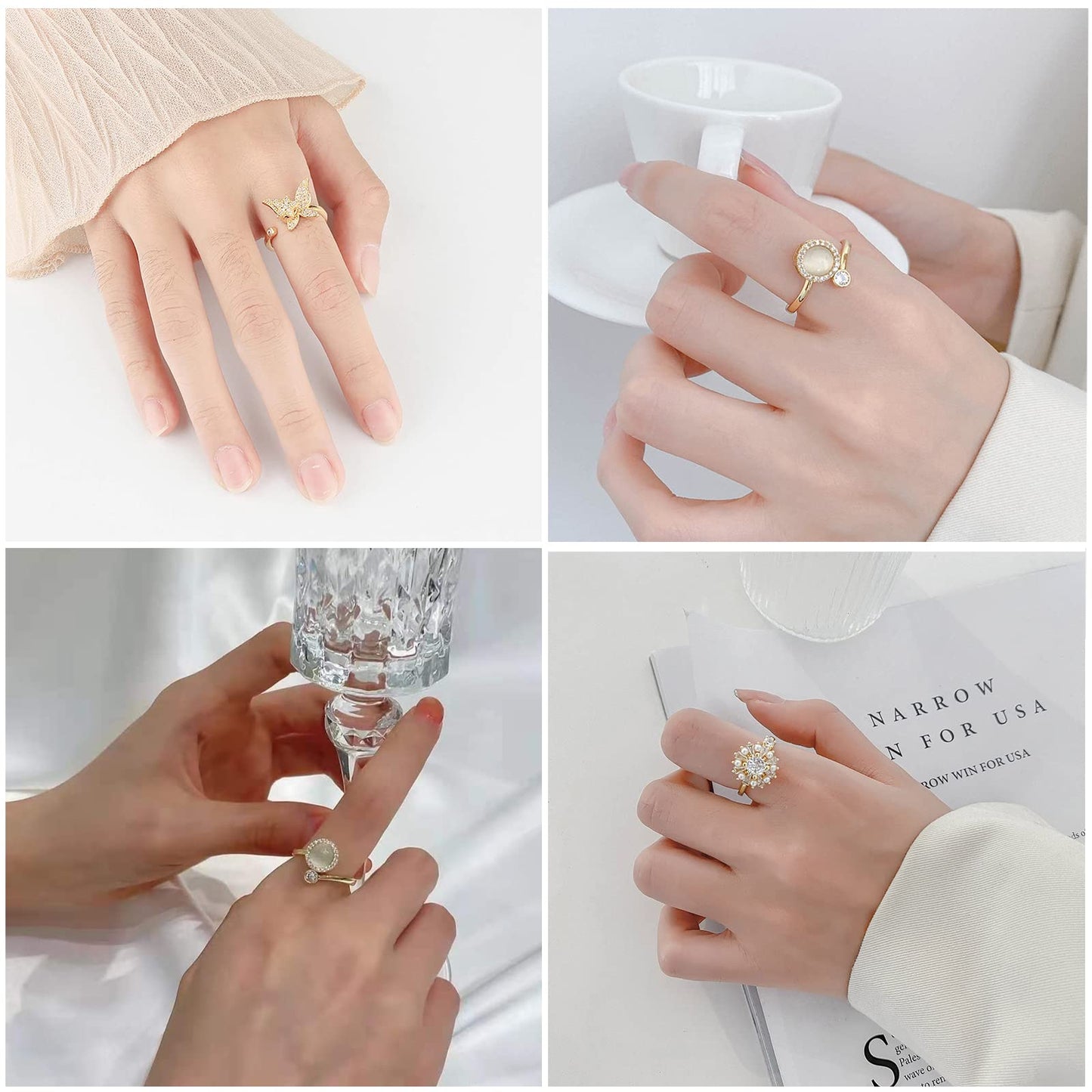 Honsny 6Pcs 14K Gold Plated Anxiety Rings for Women, Adjustable Spinner Anxiety Ring, CZ Butterfly Bee Moon Star Fidget Rings for Anxiety Stress Relief for Women