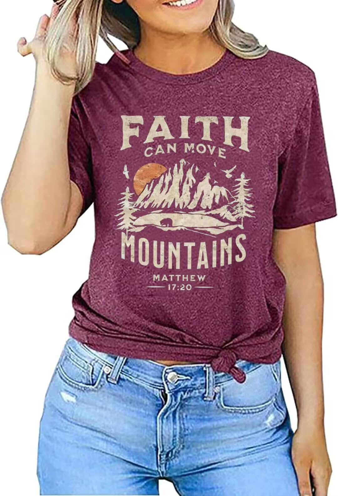 Sun and Mountain Shirt for Women Camping Hiking Shirt Sunrise Pine Tree Graphic Tees Nature Casual Short Sleeve Shirt
