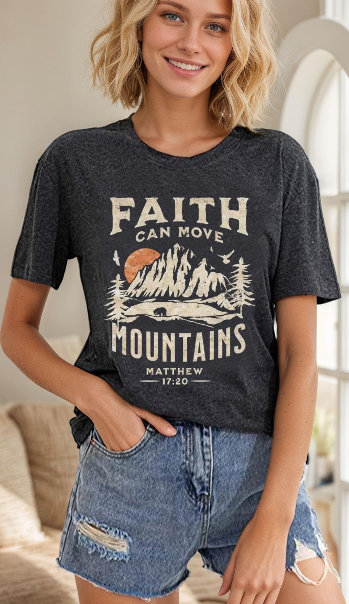 Sun and Mountain Shirt for Women Camping Hiking Shirt Sunrise Pine Tree Graphic Tees Nature Casual Short Sleeve Shirt