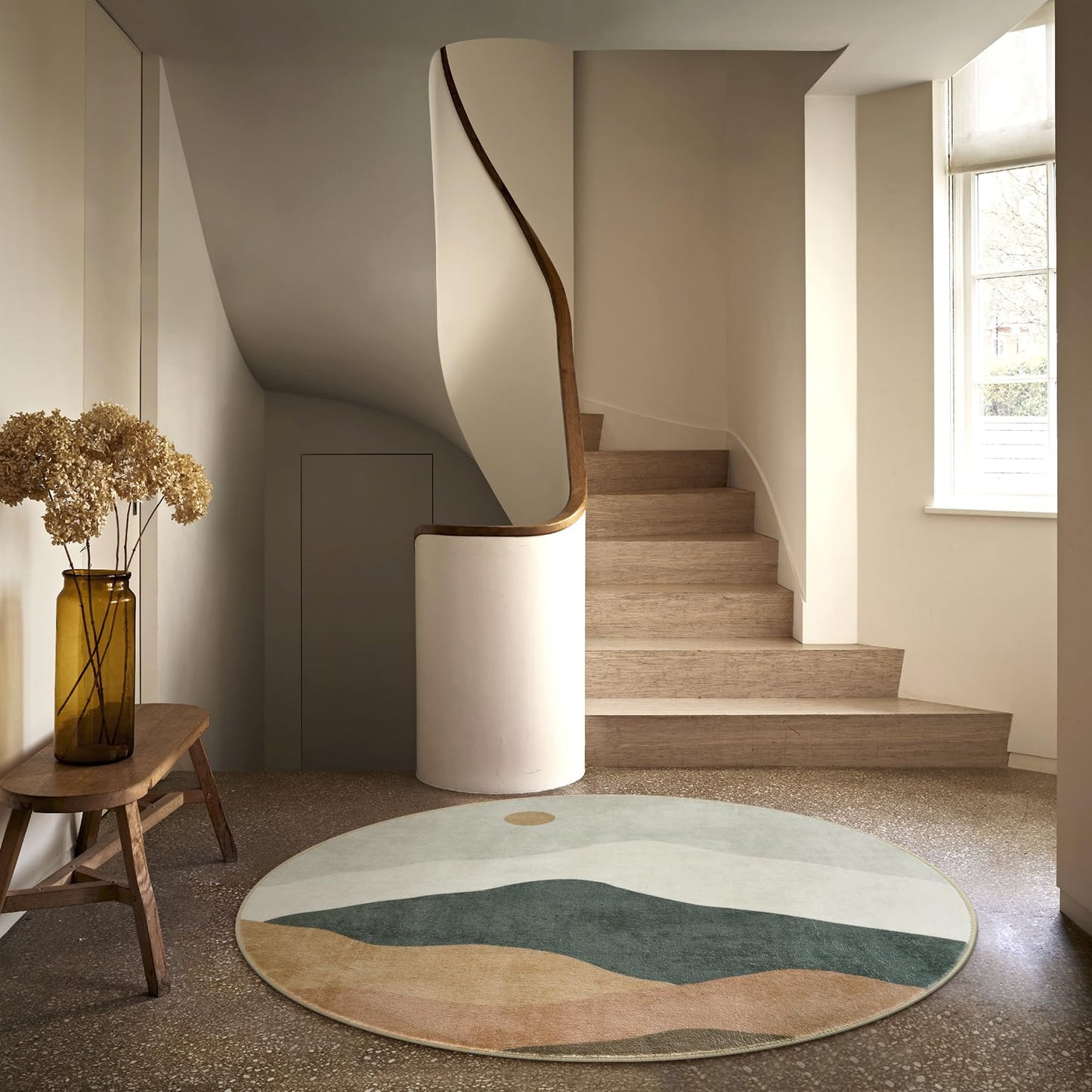 4ft Abstract Round Area Rug,Chic Faux Wool Washable Non-Slip Sun and Mountain Circle Rug,Soft Ultra-Thin Throw Rugs for Living Room/Bedroom/Office/Entryway/Kitchen(Blue)