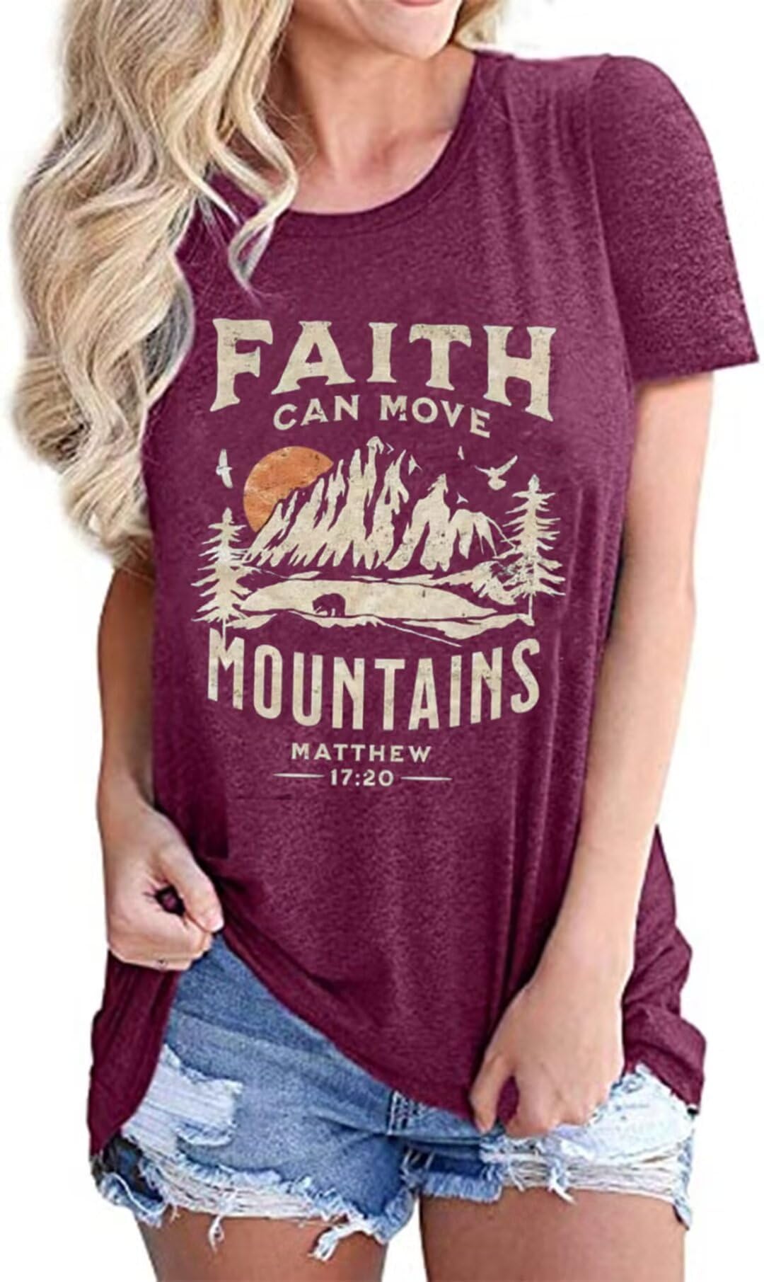 Sun and Mountain Shirt for Women Camping Hiking Shirt Sunrise Pine Tree Graphic Tees Nature Casual Short Sleeve Shirt