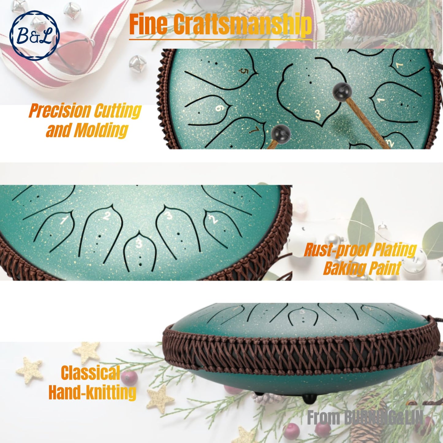 Steel Tongue Drum 14 Inches 15 Notes Hand Pan Drum Rain Drum Percussion for Meditation Yoga Musical Education for Adult& Kids(Lotus Green)