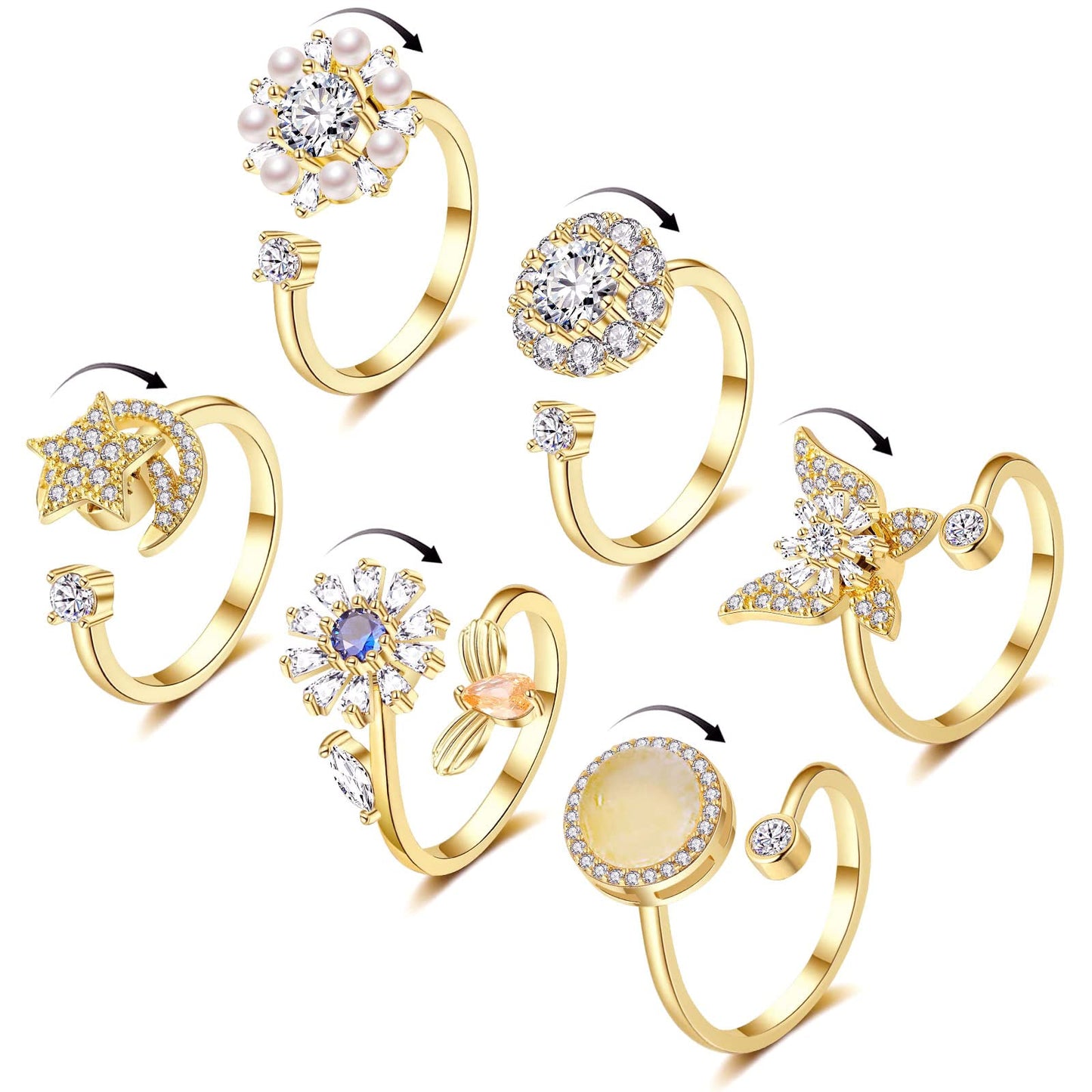 Honsny 6Pcs 14K Gold Plated Anxiety Rings for Women, Adjustable Spinner Anxiety Ring, CZ Butterfly Bee Moon Star Fidget Rings for Anxiety Stress Relief for Women