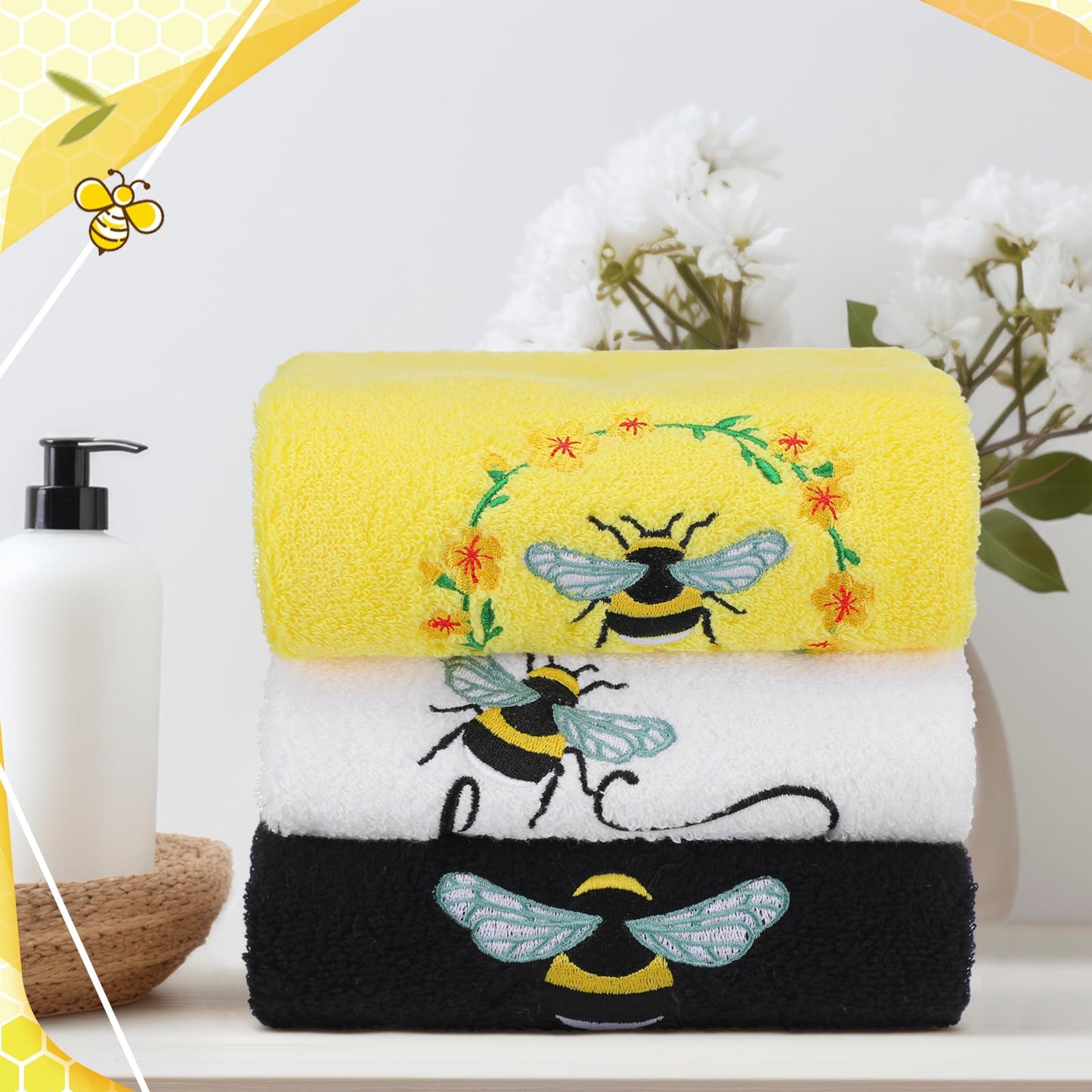 Bee Hand Towels Farmhouse Summer Yellow Bathroom Decor 14x29 Inch Embroidered Cute Bee Towels Cute Cotton Soft Absorbent for Bathroom Kitchen