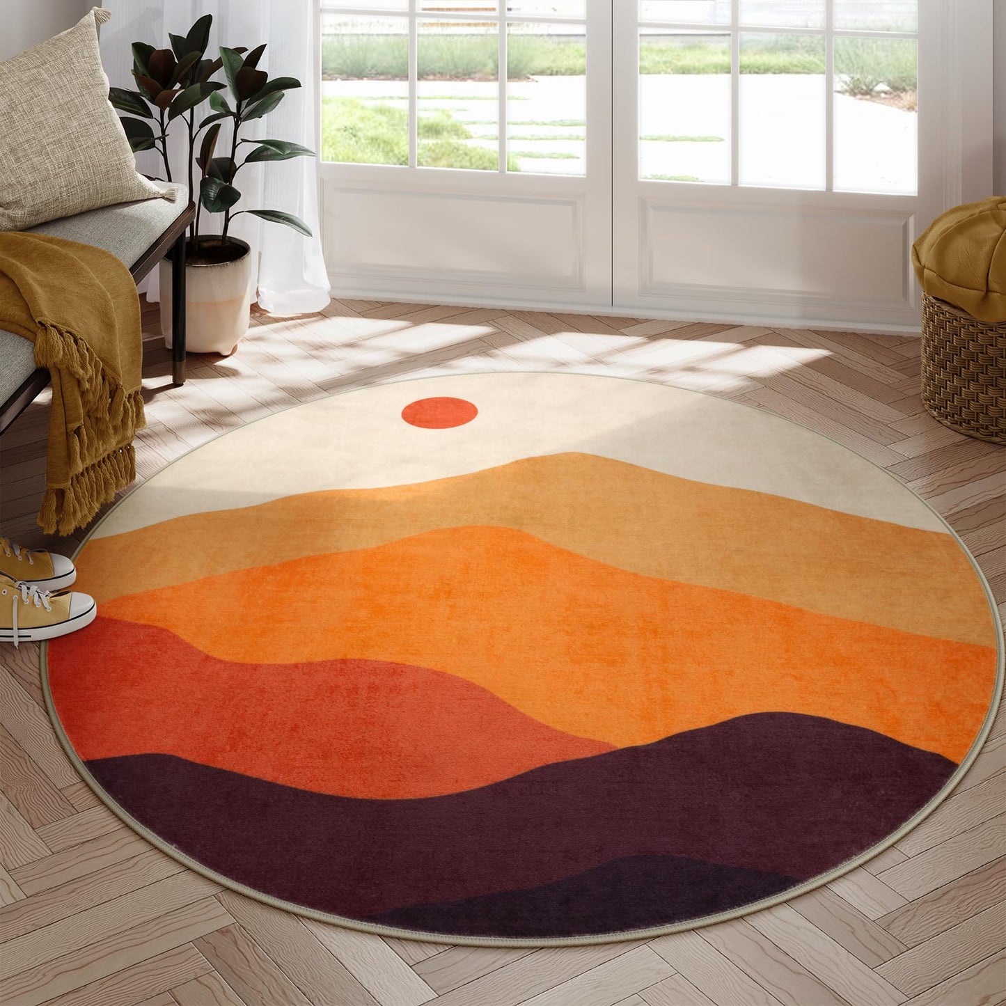 4ft Abstract Round Area Rug,Chic Faux Wool Washable Non-Slip Sun and Mountain Circle Rug,Soft Ultra-Thin Throw Rugs for Living Room/Bedroom/Office/Entryway/Kitchen(Blue)