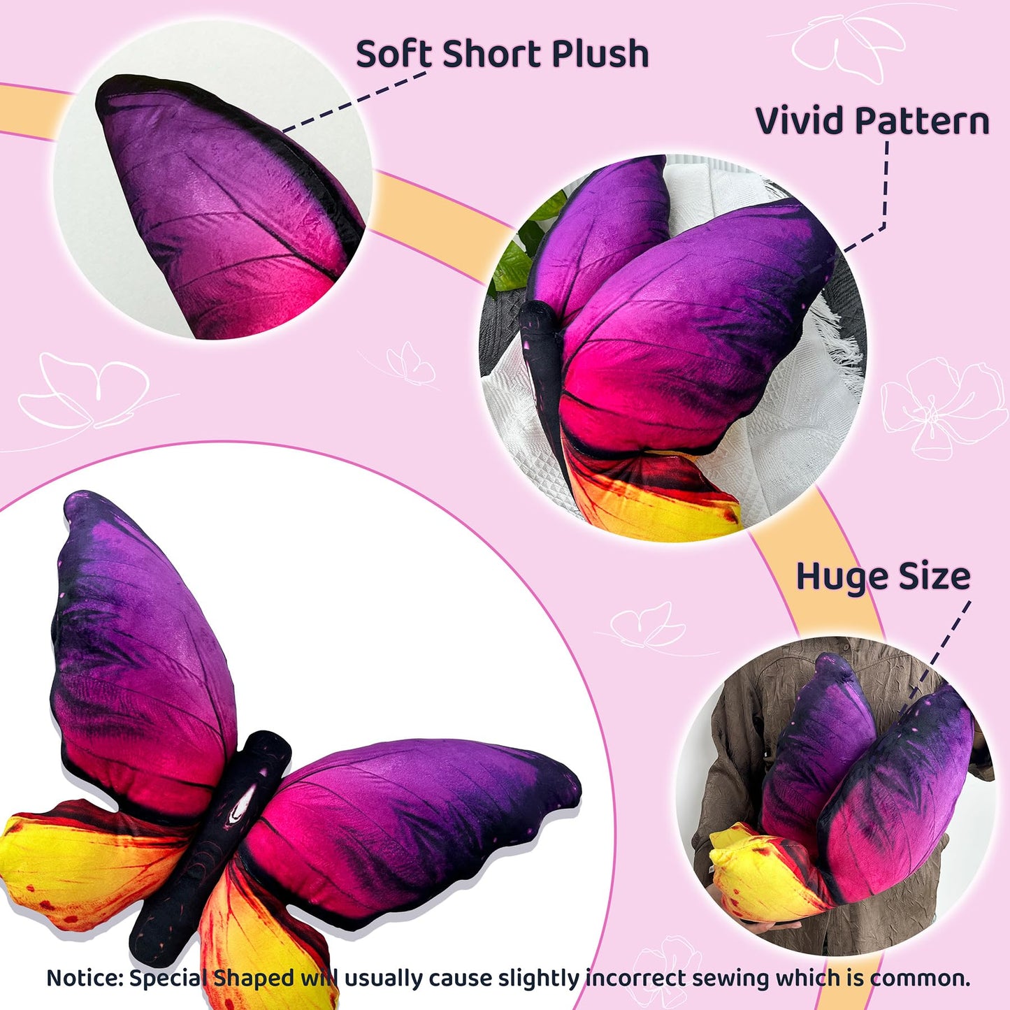 Butterfly Decorations Pillow Decorative Throw-Pillow Stuffed Animal Plush Gifts for Women Decor for Room Home Garden 24.4" x 16.5"