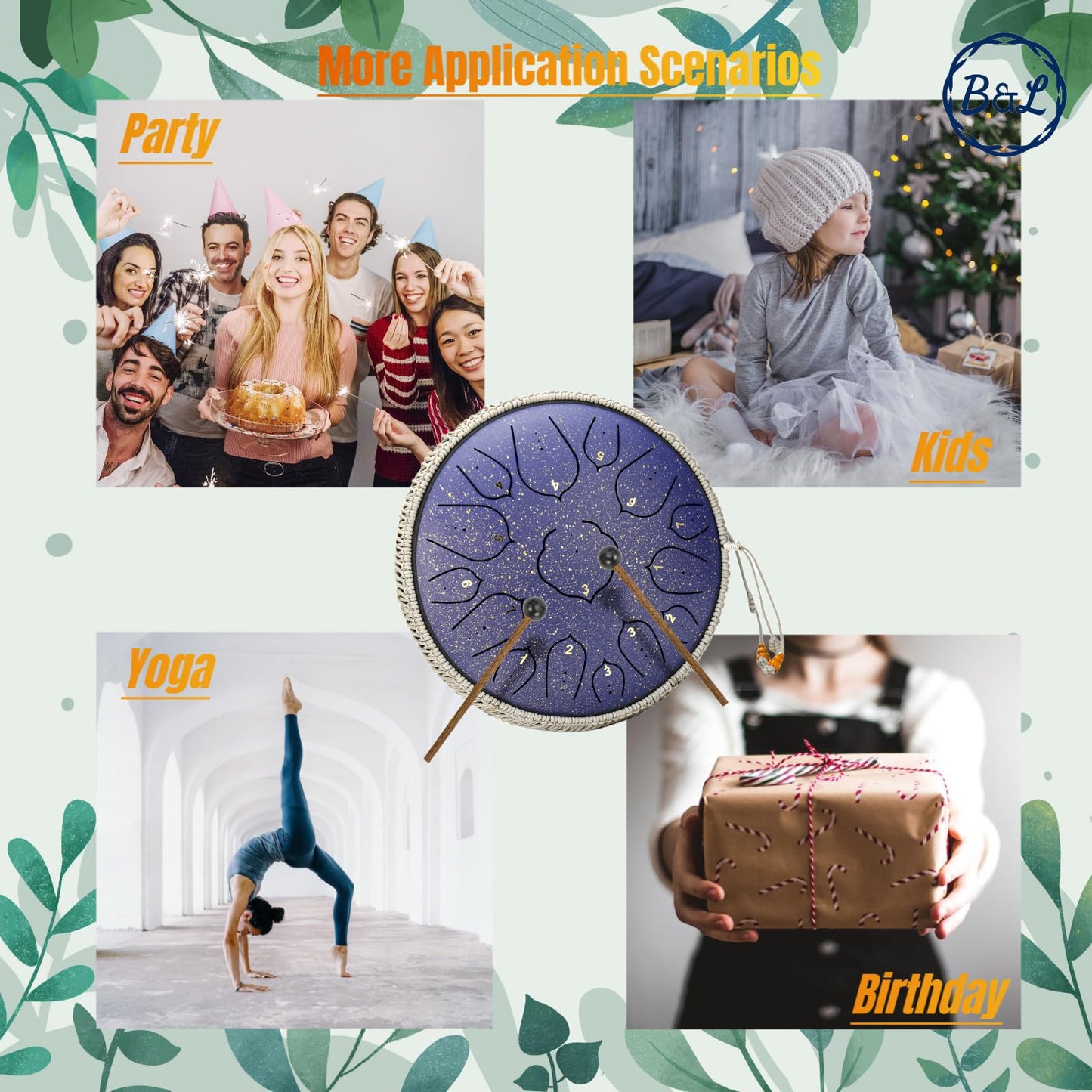 Steel Tongue Drum 14 Inches 15 Notes Hand Pan Drum Rain Drum Percussion for Meditation Yoga Musical Education for Adult& Kids(Lotus Green)