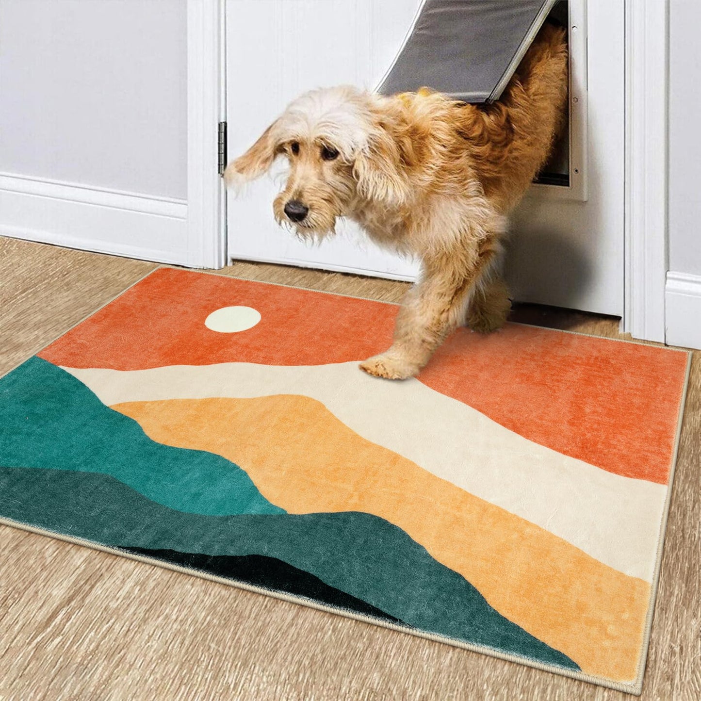 4ft Abstract Round Area Rug,Chic Faux Wool Washable Non-Slip Sun and Mountain Circle Rug,Soft Ultra-Thin Throw Rugs for Living Room/Bedroom/Office/Entryway/Kitchen(Blue)