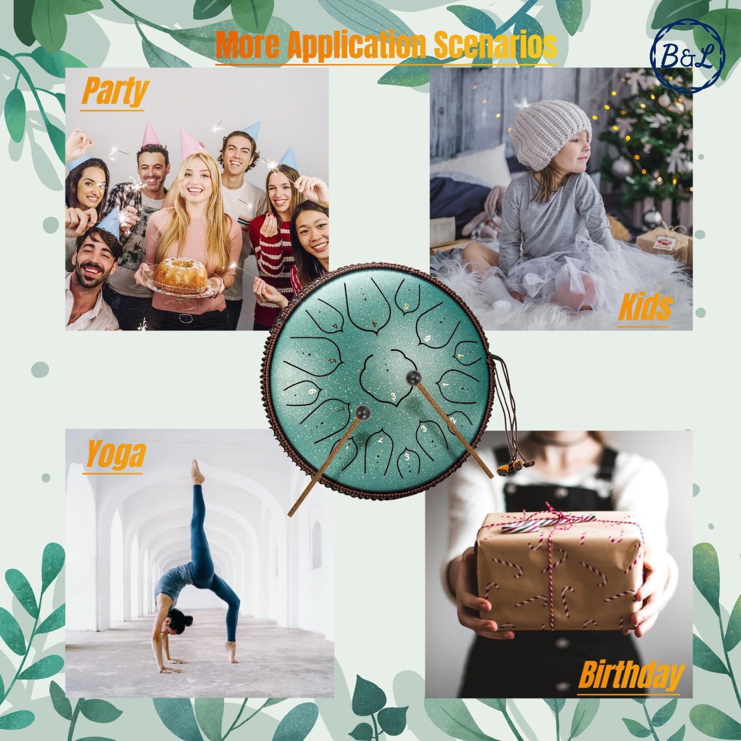 Steel Tongue Drum 14 Inches 15 Notes Hand Pan Drum Rain Drum Percussion for Meditation Yoga Musical Education for Adult& Kids(Lotus Green)