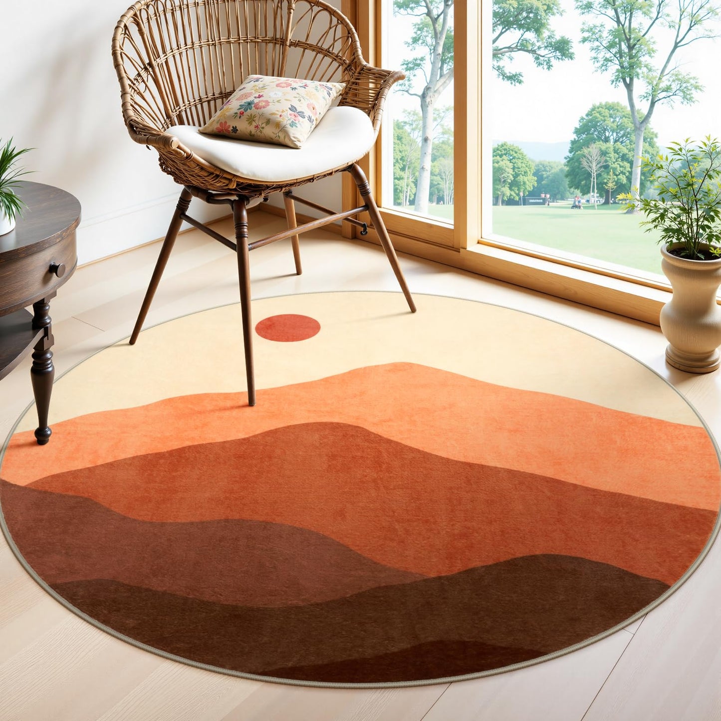 4ft Abstract Round Area Rug,Chic Faux Wool Washable Non-Slip Sun and Mountain Circle Rug,Soft Ultra-Thin Throw Rugs for Living Room/Bedroom/Office/Entryway/Kitchen(Blue)