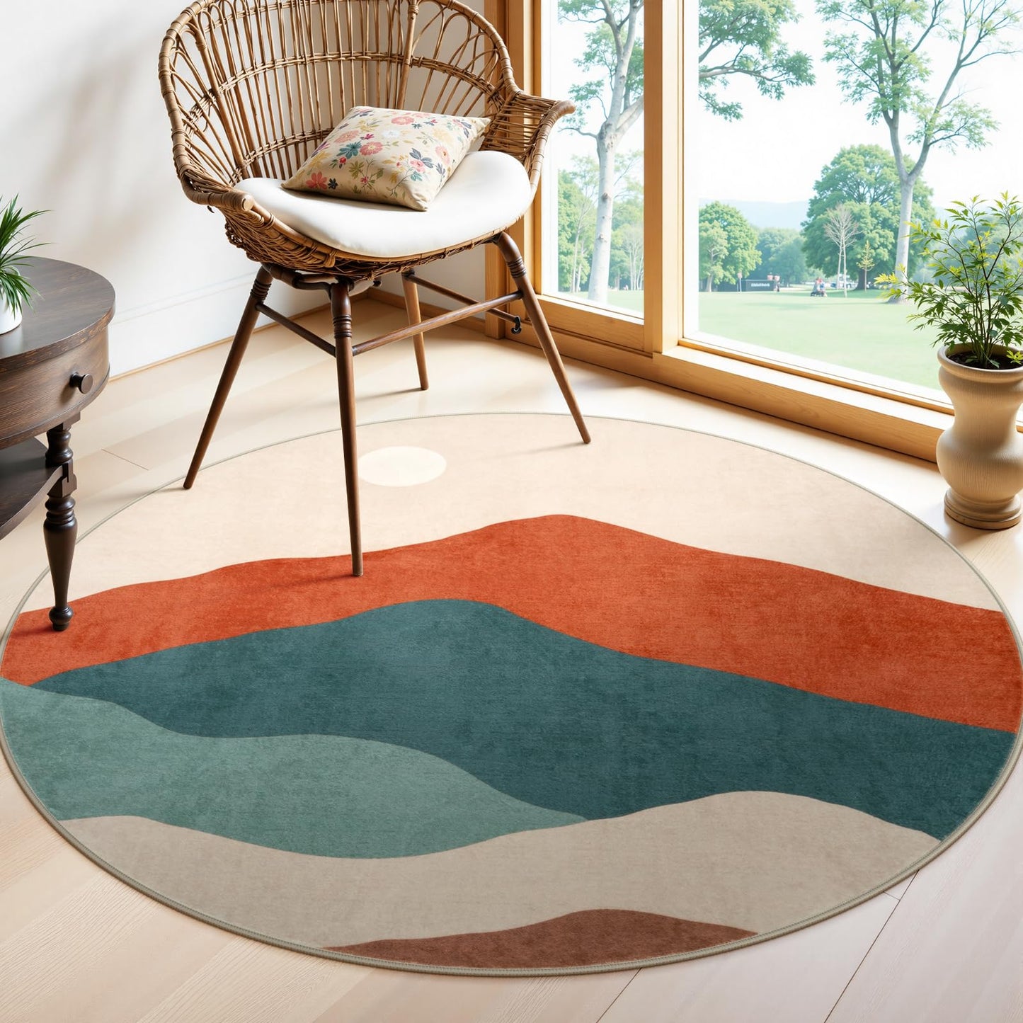 4ft Abstract Round Area Rug,Chic Faux Wool Washable Non-Slip Sun and Mountain Circle Rug,Soft Ultra-Thin Throw Rugs for Living Room/Bedroom/Office/Entryway/Kitchen(Blue)