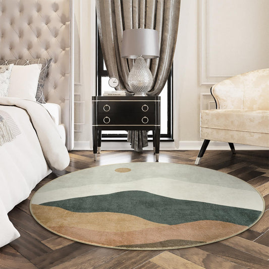 4ft Abstract Round Area Rug,Chic Faux Wool Washable Non-Slip Sun and Mountain Circle Rug,Soft Ultra-Thin Throw Rugs for Living Room/Bedroom/Office/Entryway/Kitchen(Blue)