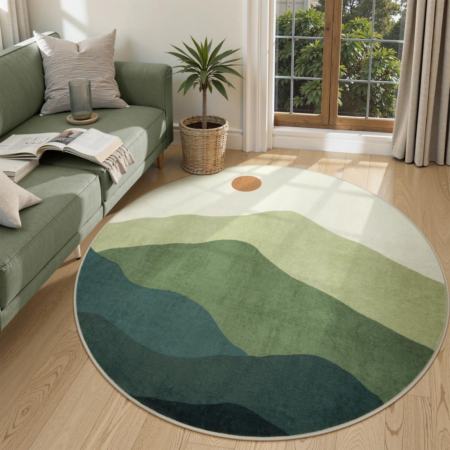 4ft Abstract Round Area Rug,Chic Faux Wool Washable Non-Slip Sun and Mountain Circle Rug,Soft Ultra-Thin Throw Rugs for Living Room/Bedroom/Office/Entryway/Kitchen(Blue)