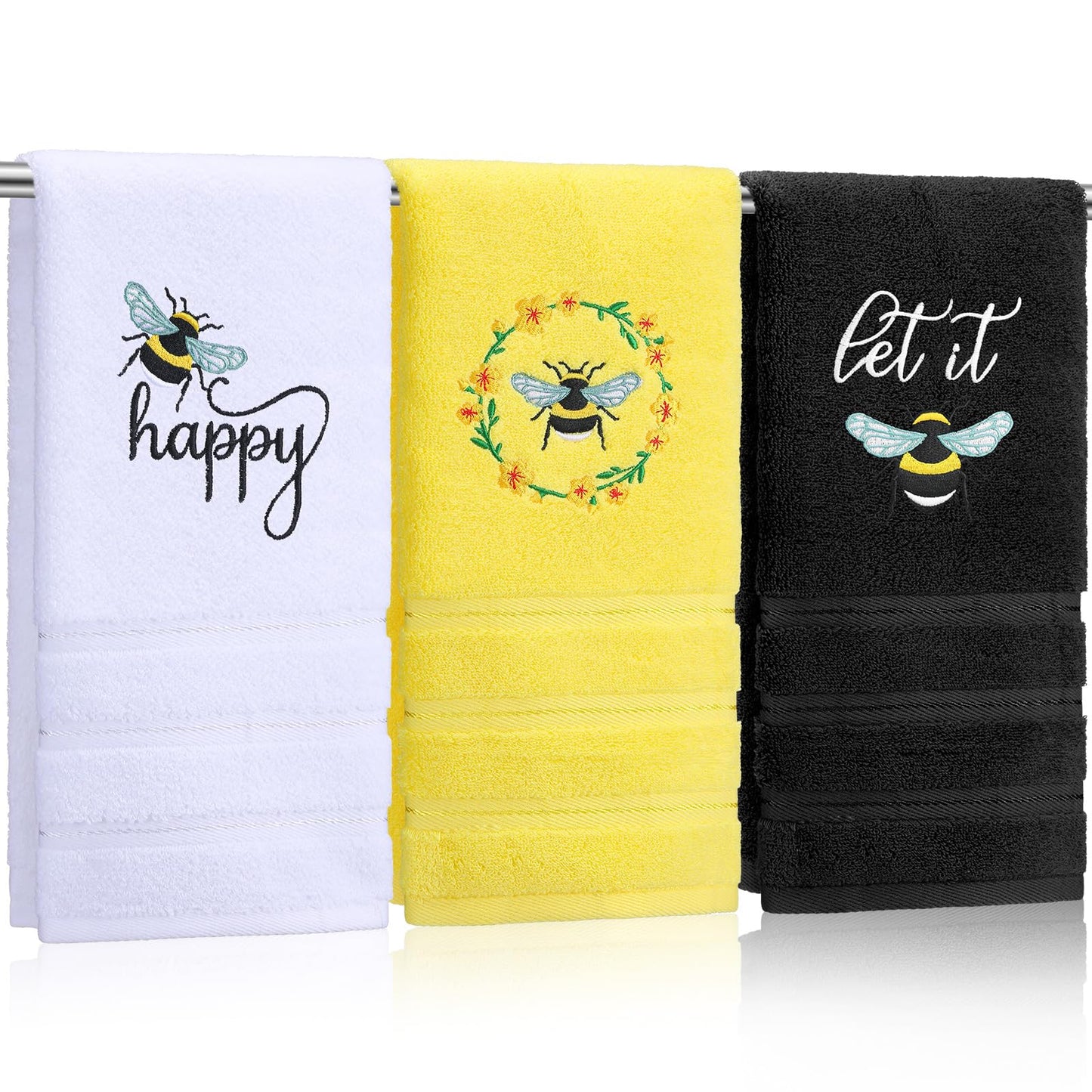Bee Hand Towels Farmhouse Summer Yellow Bathroom Decor 14x29 Inch Embroidered Cute Bee Towels Cute Cotton Soft Absorbent for Bathroom Kitchen