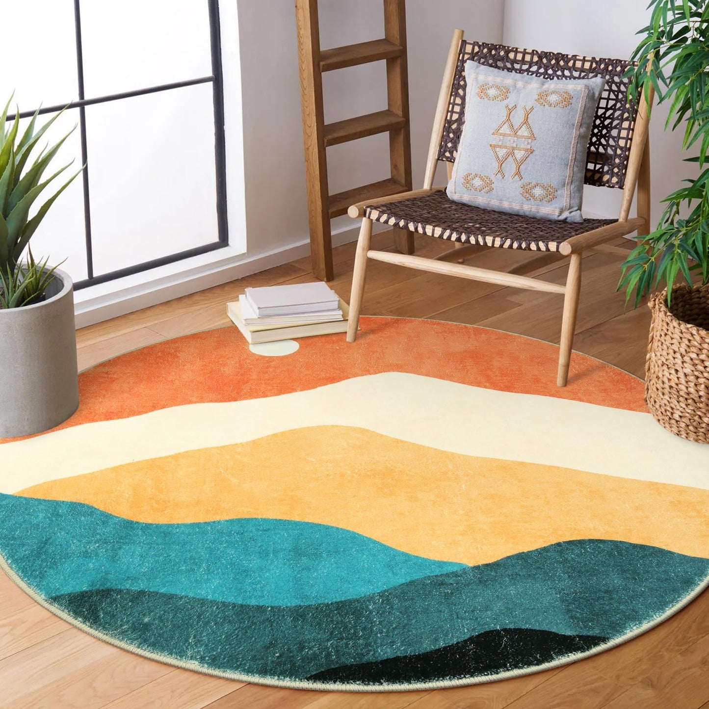4ft Abstract Round Area Rug,Chic Faux Wool Washable Non-Slip Sun and Mountain Circle Rug,Soft Ultra-Thin Throw Rugs for Living Room/Bedroom/Office/Entryway/Kitchen(Blue)