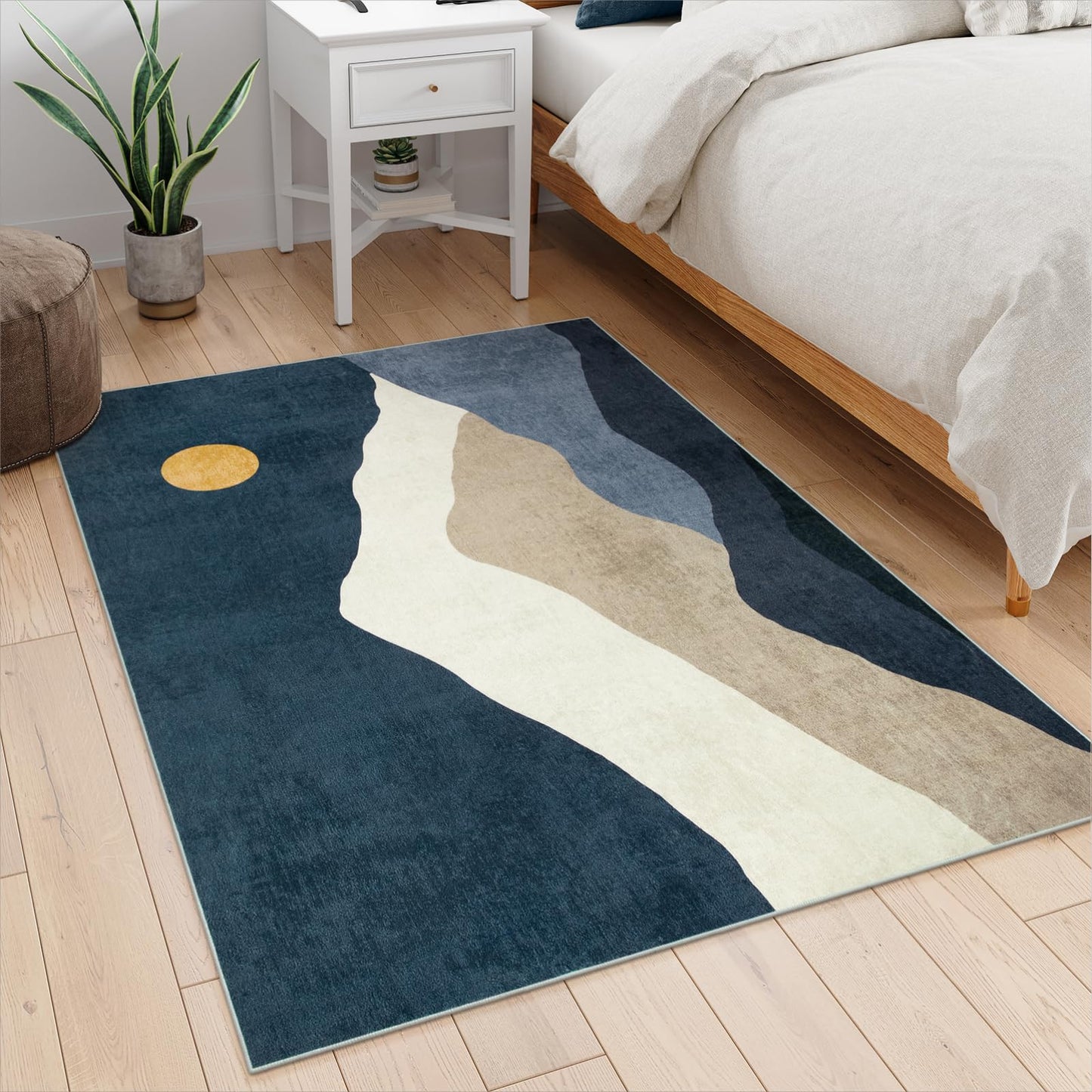 4ft Abstract Round Area Rug,Chic Faux Wool Washable Non-Slip Sun and Mountain Circle Rug,Soft Ultra-Thin Throw Rugs for Living Room/Bedroom/Office/Entryway/Kitchen(Blue)