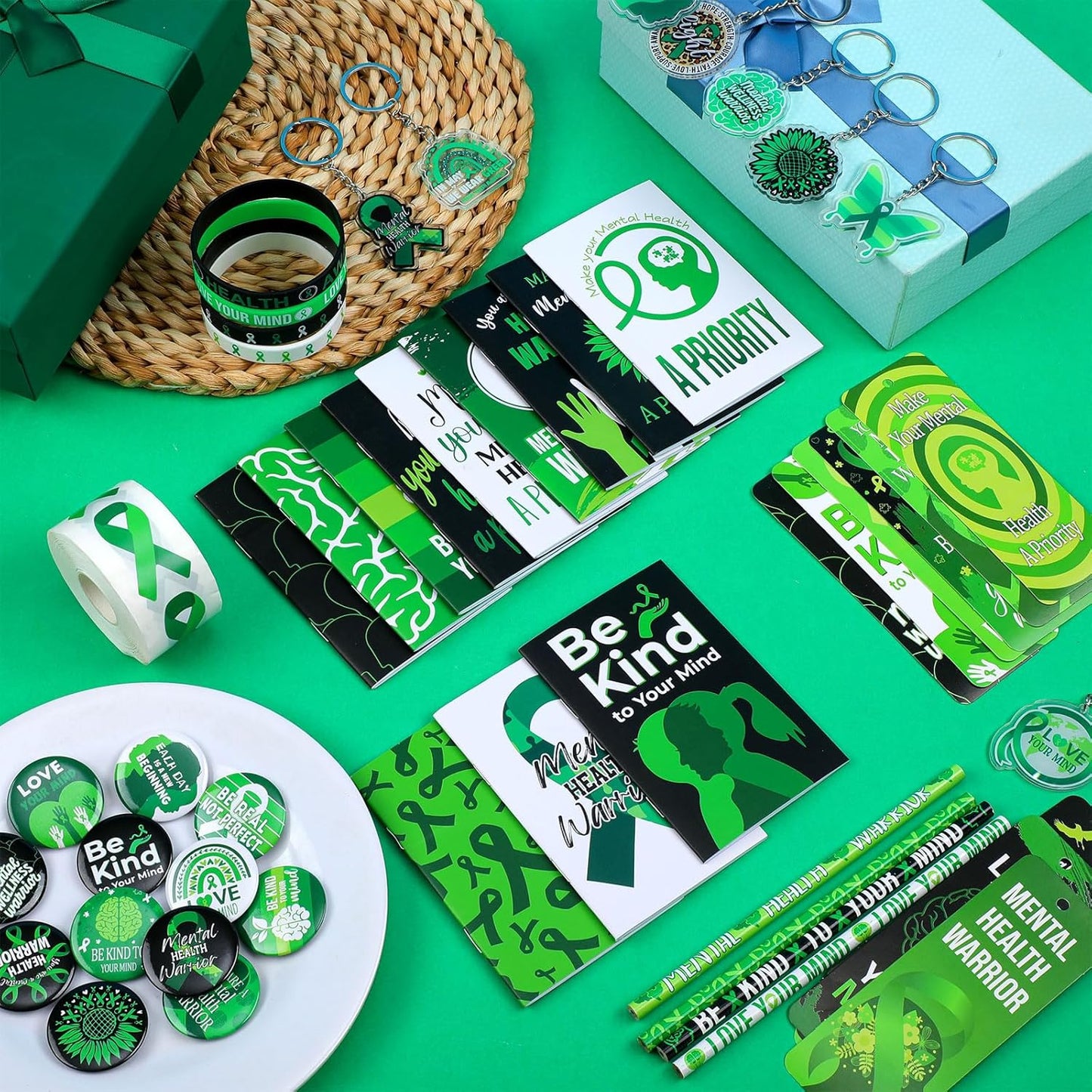 145 Pieces Mental Health Awareness Items Include Green Ribbon Silicone Bracelets Pin Notebook Bookmarks with Ribbon Keychain Pencils Stickers for Women Men Mental Health Awareness Prevention