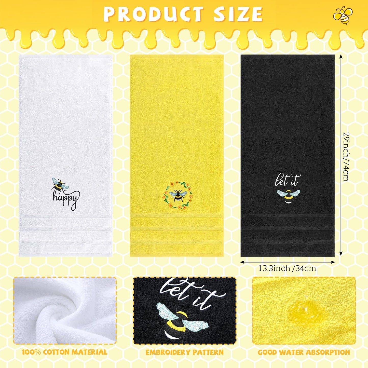 Bee Hand Towels Farmhouse Summer Yellow Bathroom Decor 14x29 Inch Embroidered Cute Bee Towels Cute Cotton Soft Absorbent for Bathroom Kitchen